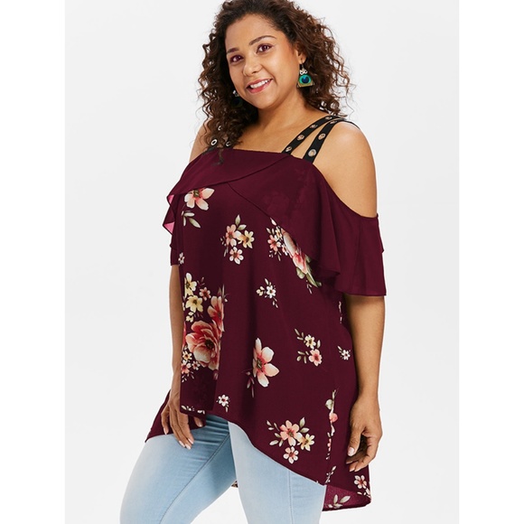 Plus Size Ruffle Floral High Low Blouse - Red Wine - Picture 3 of 8